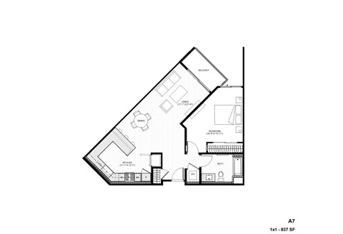 Floor plan for 1 bed, 1 bath, 836 sqft